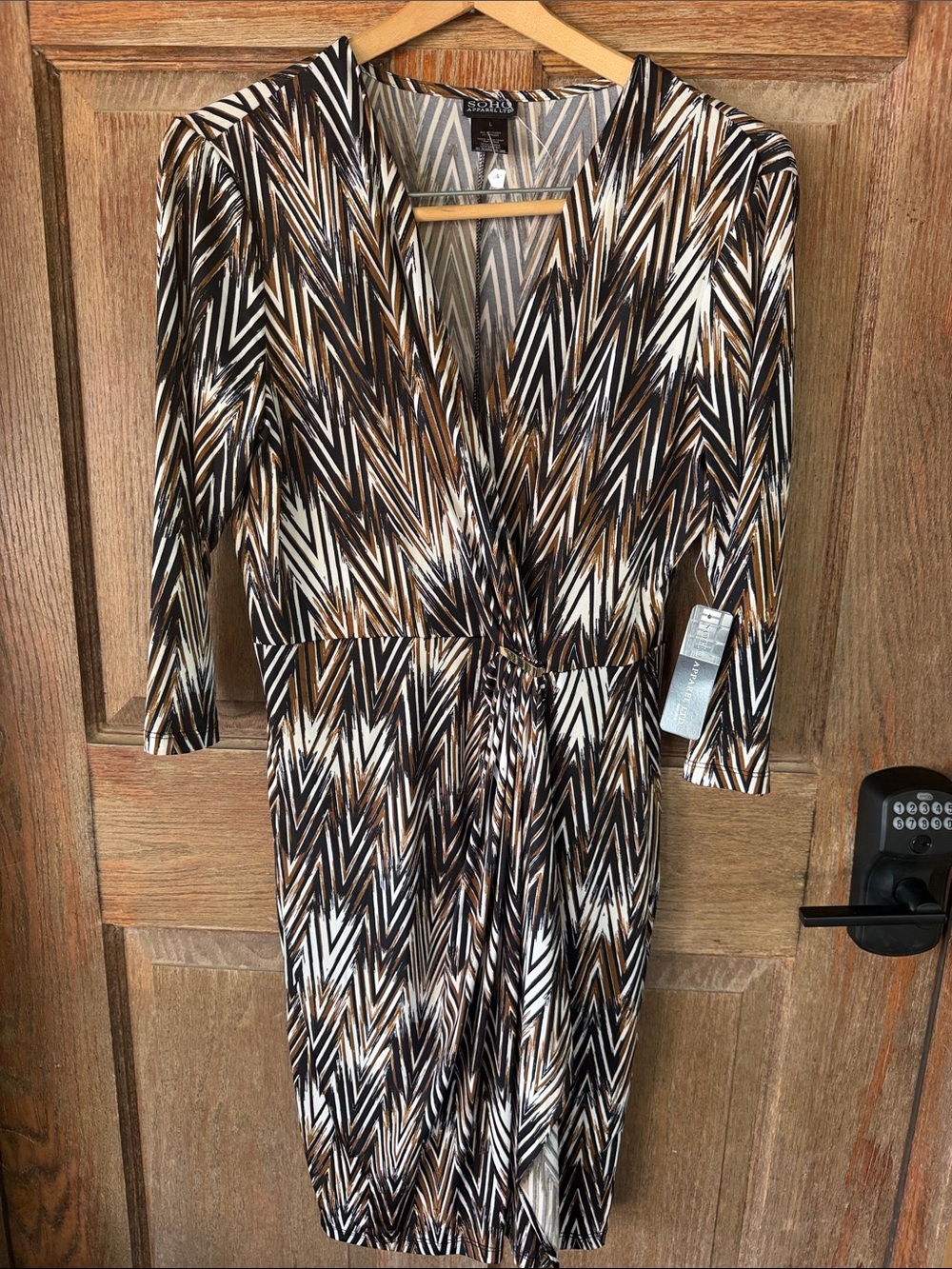 Soho Apparel Brown Black White Chevron Midi Dress